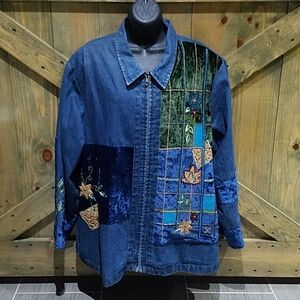 DENIM VINTAGE SHACKET EMBELLISHED JEAN BUTTON DOWN PLUS SIZE 24WP PATCHWORK